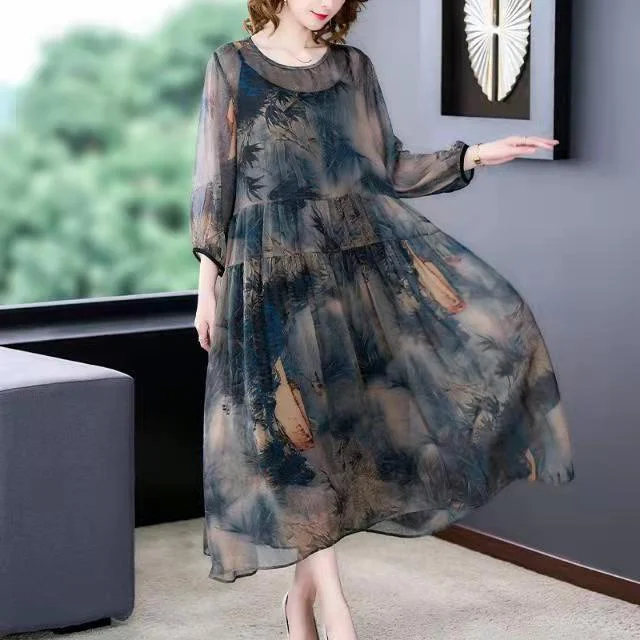 Brown Floral Maxi Dresses Plus Size Chiffon Dress