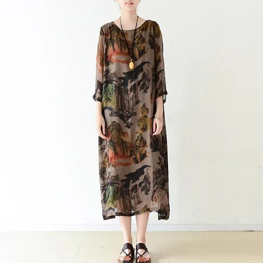 Brown flowy print chiffon dresses maxi dress long sleeve cotton lining