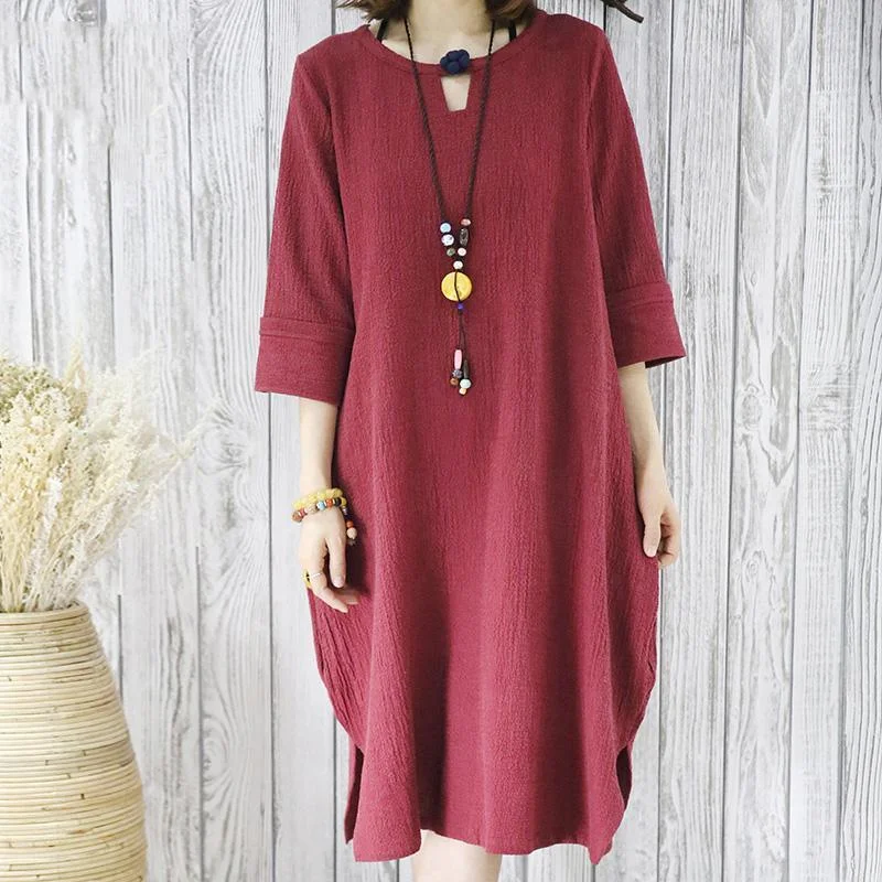 Burgundy linen sundress new plus size summer shirt dresses