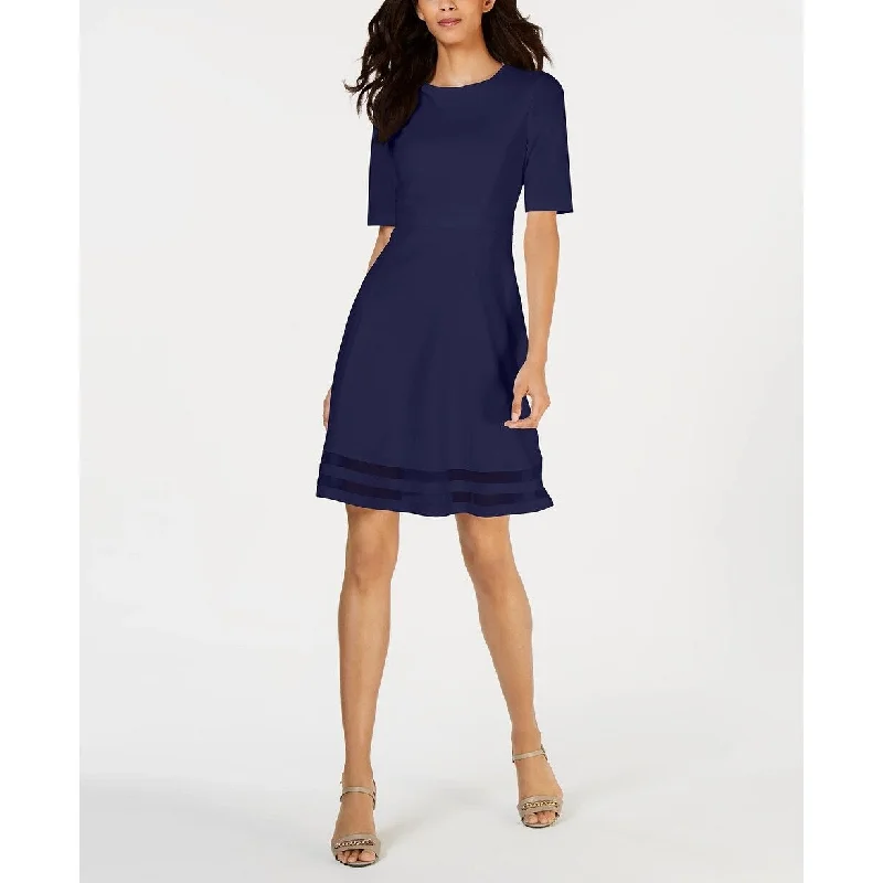 Calvin Klein Women's Elbow-Sleeve Illusion-Detail Dress Navy Size 4