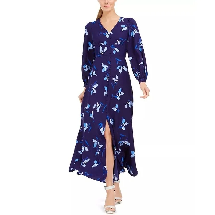 Calvin Klein Women's Printed Button-Front Maxi Dress Blue Size 2