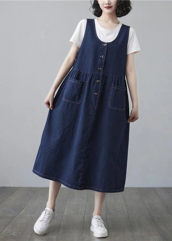 Chic Blue Summer Pockets Button Cotton Dresses