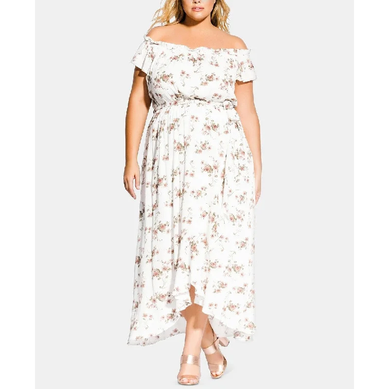 City Chic Women's Trendy Plus Size Floral-Print Off-The-Shoulder Dress White Size 2 Extra Large