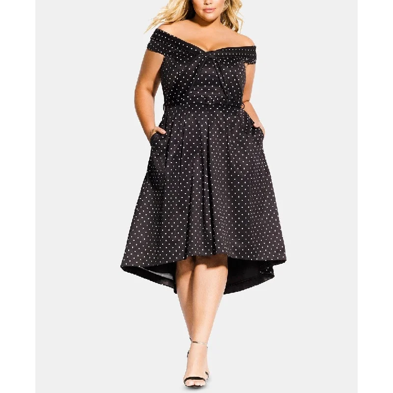 City Chic Women's Trendy Plus Size Grace Polka Dot Off-The-Shoulder Dress Black Size 22