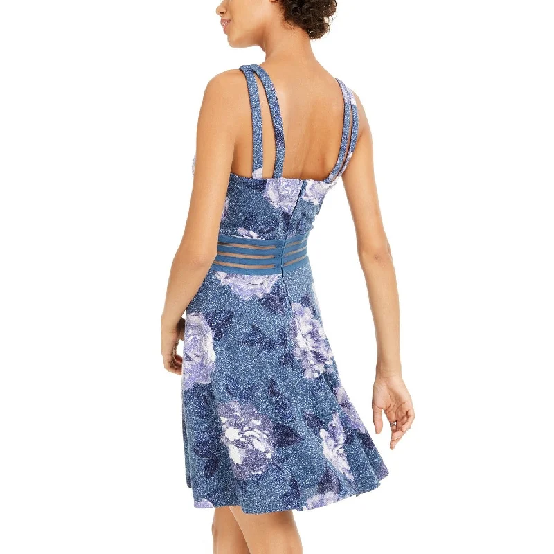 City Studios Juniors' Glitter Floral-Print Skater Dress Blue Size 1