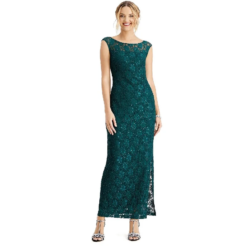 Connected Women's Sequined Lace Slit Gown Dark Green Size 10