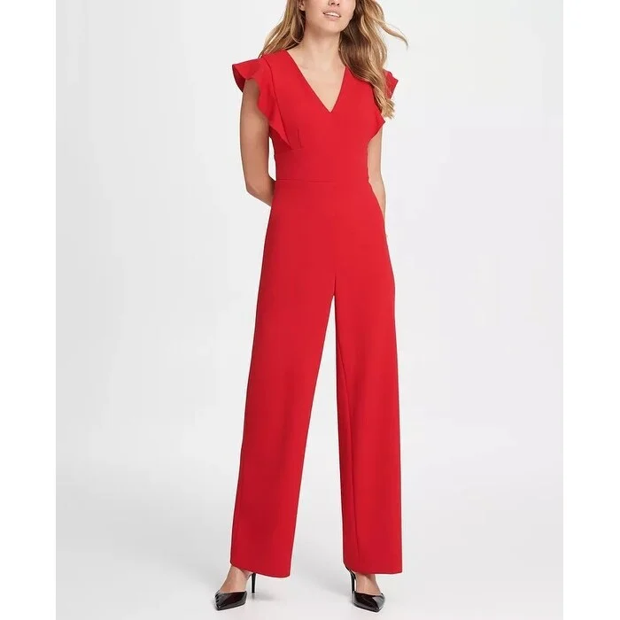 DKNY Women's Ruffle Detail Jumpsuit Medium Red Size 8