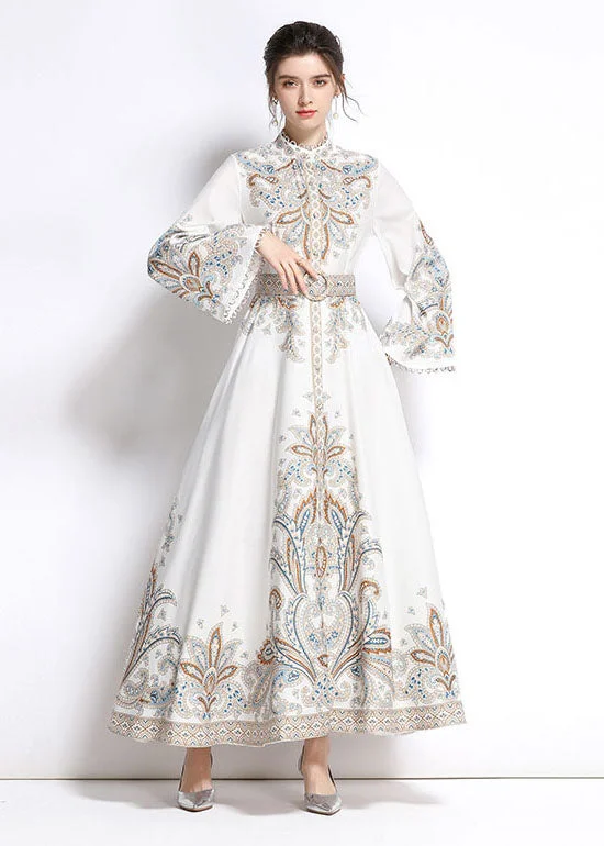 Elegant White Embroidered Patchwork Cotton Extra Large Hem Long Dresses Flare Sleeve