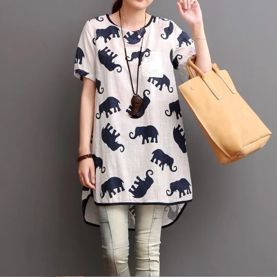 elephant print summer linen dresses loose blouse women shirt