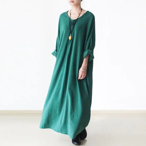 Emerald green plus size linen dresses long sleeve cotton dress