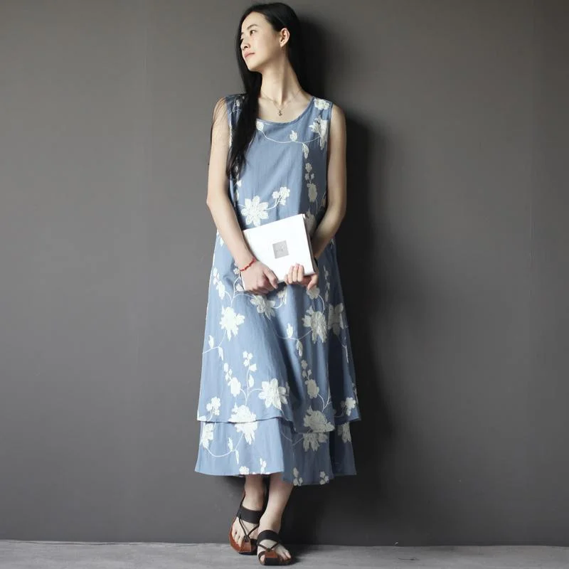 floral embroideried linen summer dress layered Navy cotton dress