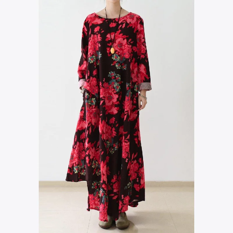 Floral oversized linen maxi dress fall cotton dresses