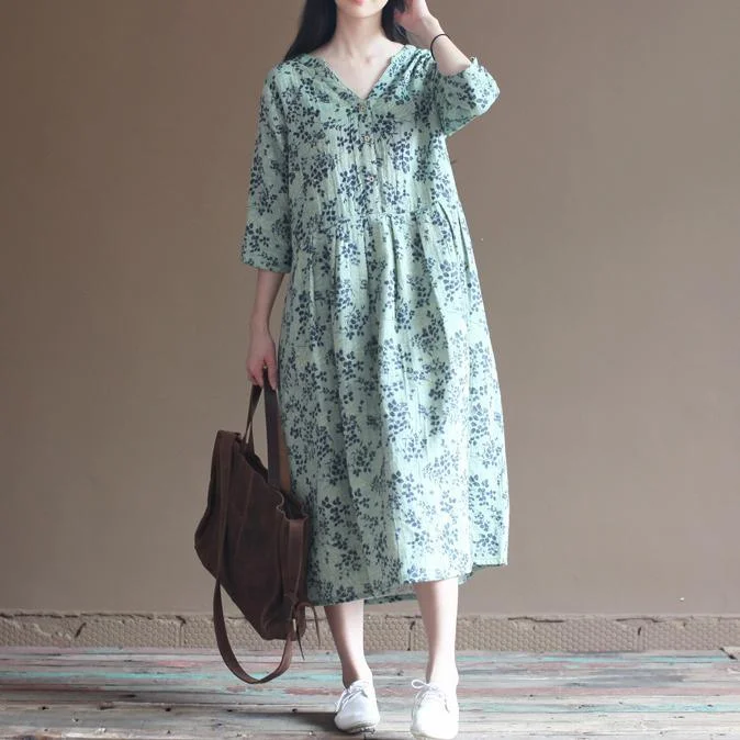 Green V neck floral cotton dresses elegant bracelet sleeve maxi dress