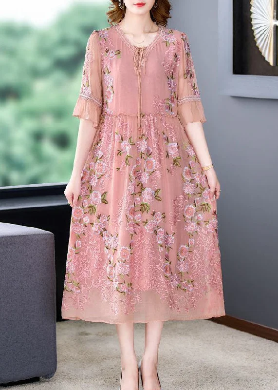 Italian Pink Embroideried Patchwork Silk Mid Dresses Summer