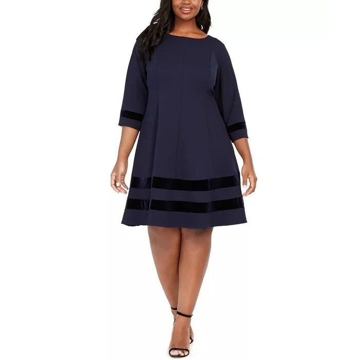 Jessica Howard Women's Plus Velvet Trim A Line Dress Navy Size 18W