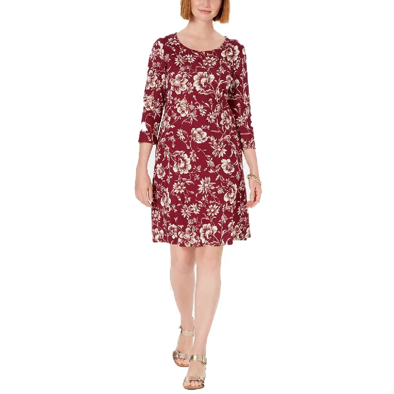 Karen Scott Women's Sport Printed 3/4-Sleeve Shift Dress Red Size XS