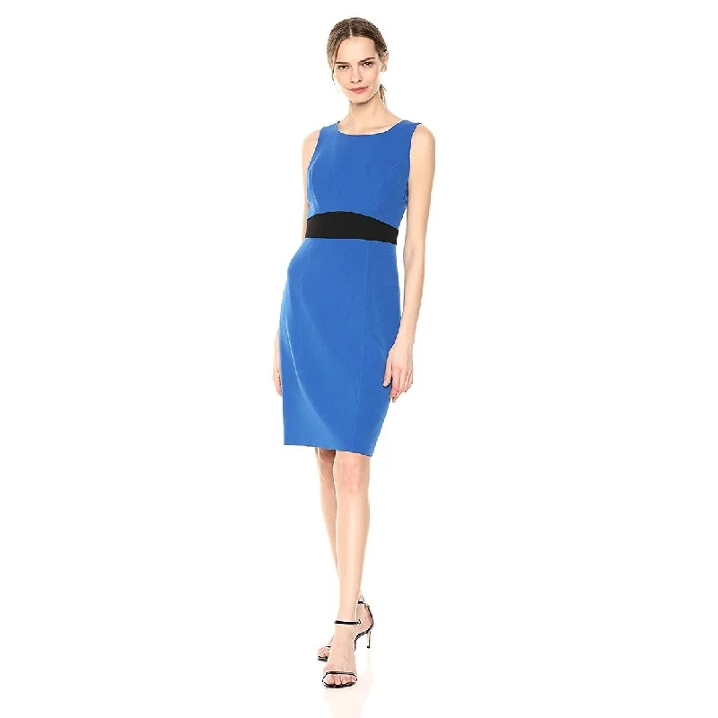 Kasper Women's Petite Sleeveless Jewel Neck Stretch Crepe Sheath Dress Size 2 - Blue - 2'