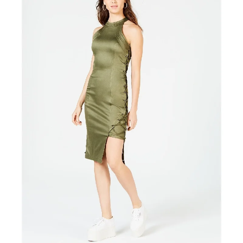 La La Anthony Women's Sleeveless Lace-Up Dress Olive Bright Green Size Small