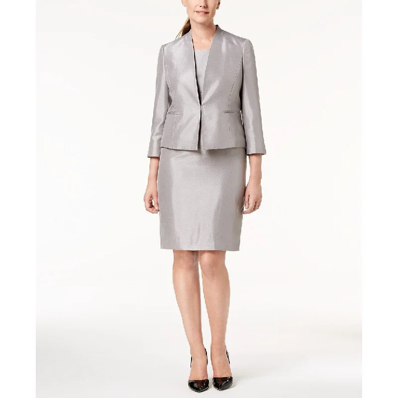 Le Women's Petite Suit Shiny Jacket & Sheath Dress Suit Gray Size 4