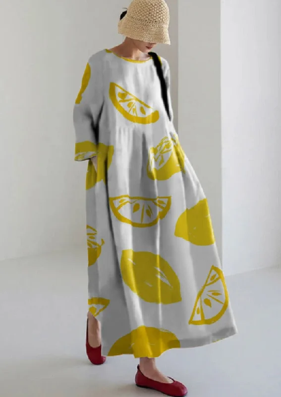 Lemon Print Cotton Dresses Pockets Patchwork Summer