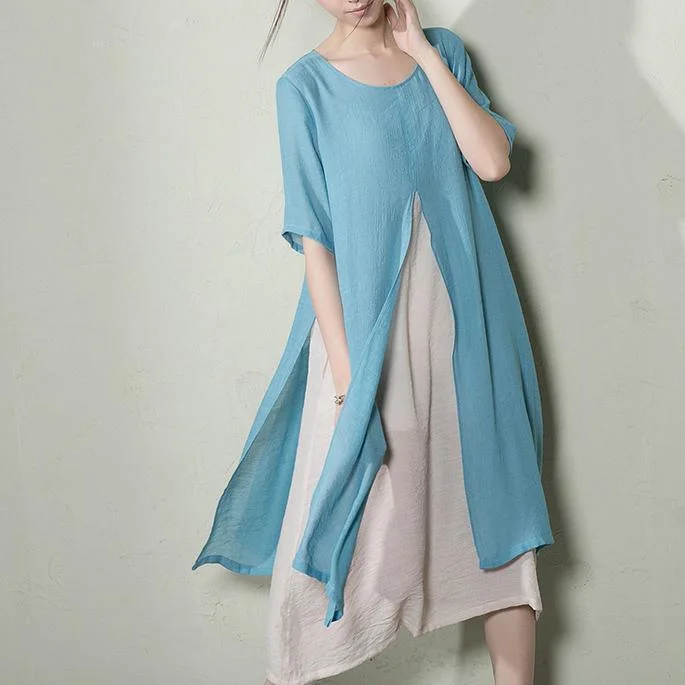 Light blue layered summer dress long cotton maxi dresses plus size