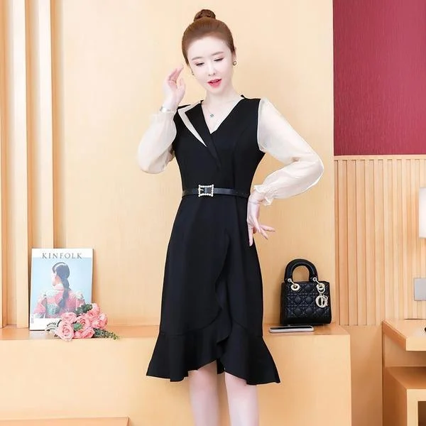 long sleeve black plus size ruffle women casual midi autumn dress