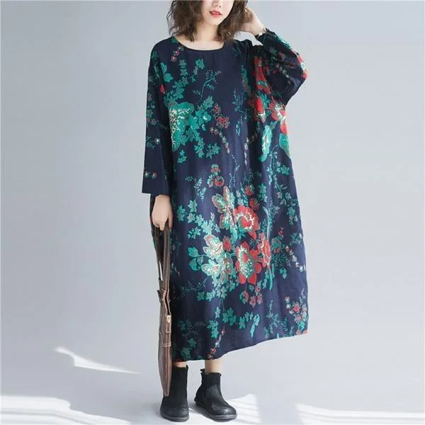 long sleeve cotton linen plus size Oversized vintage floral women casual loose autumn elegant dress clothes