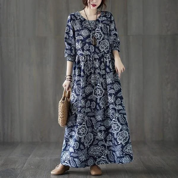 long sleeve cotton linen plus size vintage floral for women casual loose autumn dress