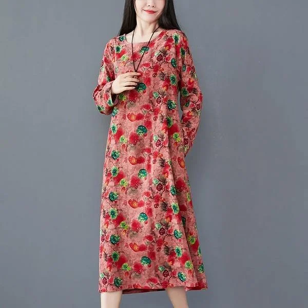 long sleeve cotton linen plus size vintage floral for women casual loose spring autumn dress