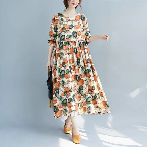 long sleeve cotton linen plus size vintage floral for women casual loose summer autumn dress