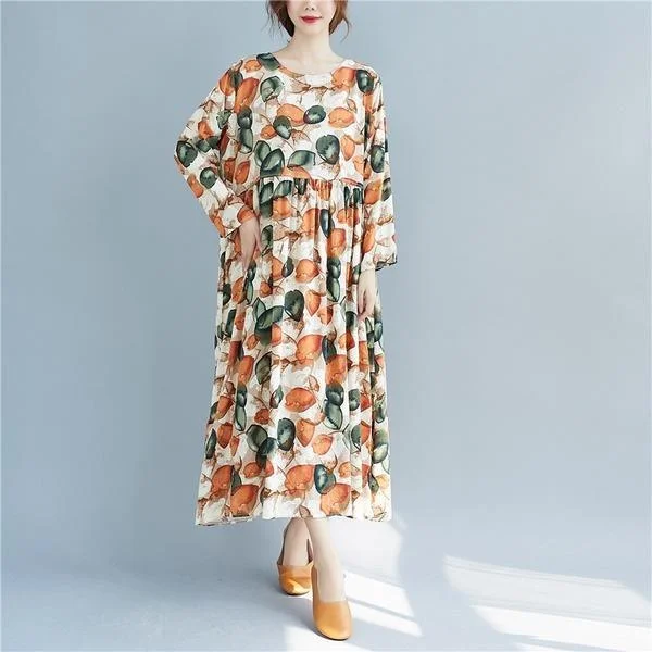 long sleeve cotton linen plus size vintage floral for women casual loose summer autumn dress