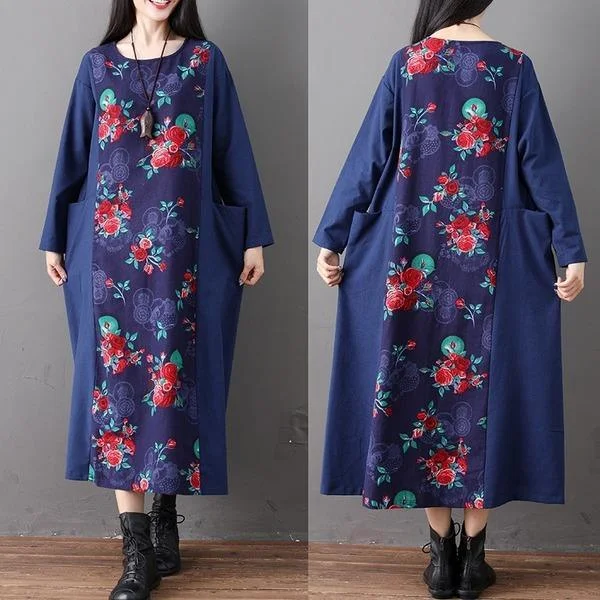 long sleeve cotton linen plus size vintage floral women casual loose spring autumn dress