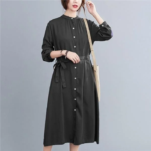 long sleeve cotton linen plus size vintage women casual loose spring autumn shirt dress