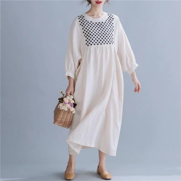 long sleeve cotton linen vintage embroidery plus size women casual loose spring autumn dress