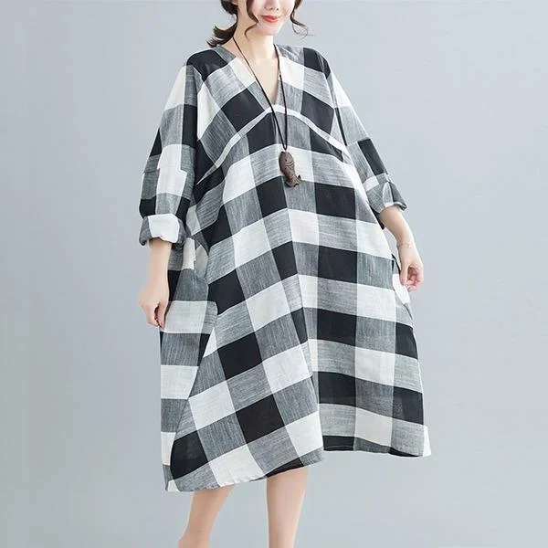 long sleeve cotton linen vintage plaid plus size women casual loose midi autumn party dress