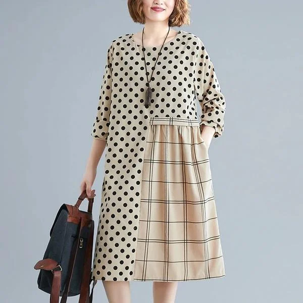 long sleeve cotton plus size vintage Polka Dot plaid women casual loose midi autumn dress