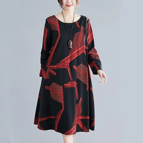 long sleeve cotton plus size vintage women casual loose spring autumn dress