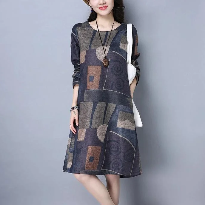 long sleeve cotton vintage print women casual loose midi autumn spring winter party dress  2019  ladies dresses