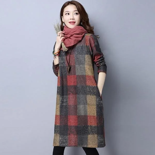 long sleeve cotton woolen plus size vintage for women casual loose midi autumn winter dress