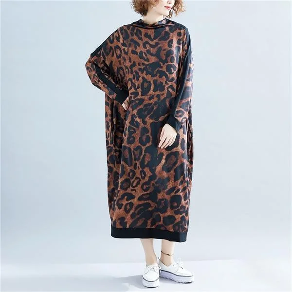 Long Sleeve Leopard Cotton Vintage Plus Size Women Casual Loose Long Spring Autumn Dress ( Limited Stock)