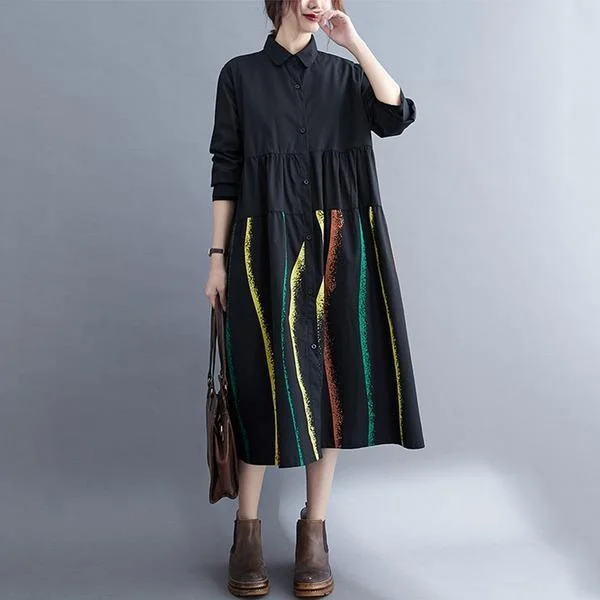 long sleeve plus size black cotton stripe for women casual loose spring autumn shirt dress