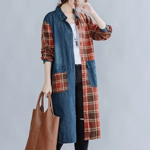 long sleeve plus size cotton denim vintage plaid women casual loose midi autumn shirt dress