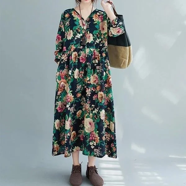 long sleeve plus size cotton linen vintage floral for women casual loose autumn dress