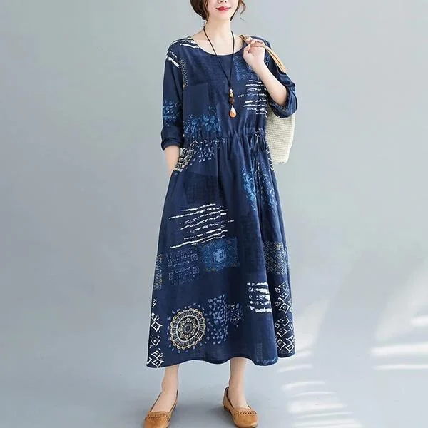 long sleeve plus size cotton linen vintage floral for women casual loose autumn dress