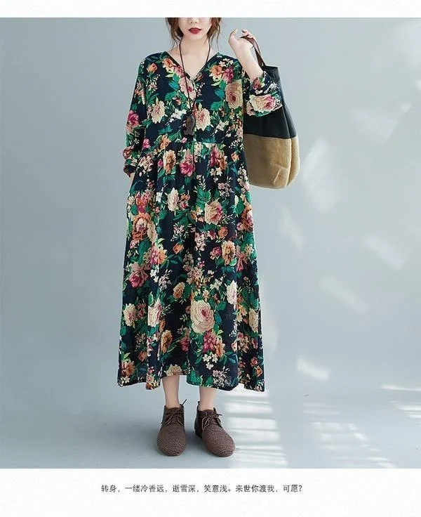 long sleeve plus size cotton linen vintage floral for women casual loose autumn dress