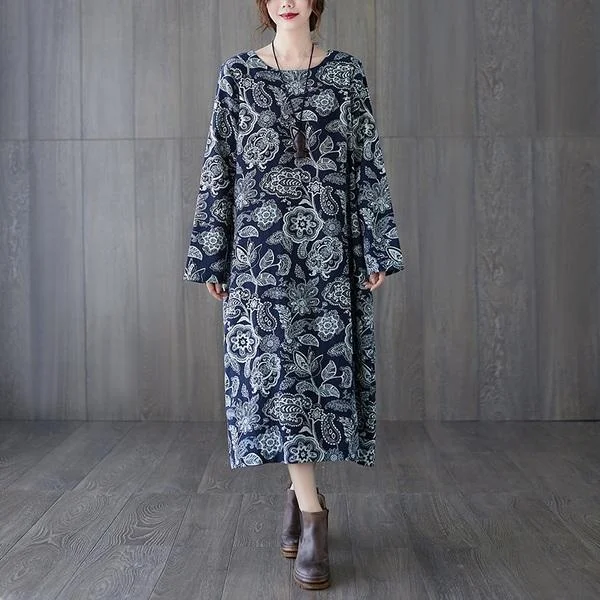 long sleeve plus size cotton linen vintage floral for women casual loose spring autumn dress