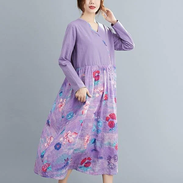 long sleeve plus size cotton linen vintage floral for women casual loose spring autumn dress