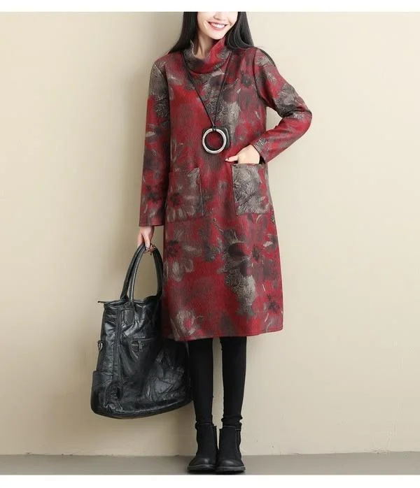 long sleeve plus size cotton vintage floral for women casual loose midi autumn winter dress