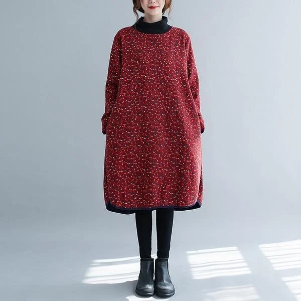 long sleeve plus size cotton vintage floral women casual loose midi autumn winter dress