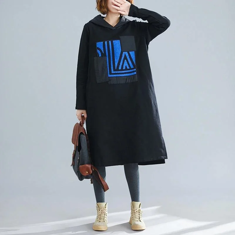 French Black Patchwork Print Long sleeve  Long Cotton Dress